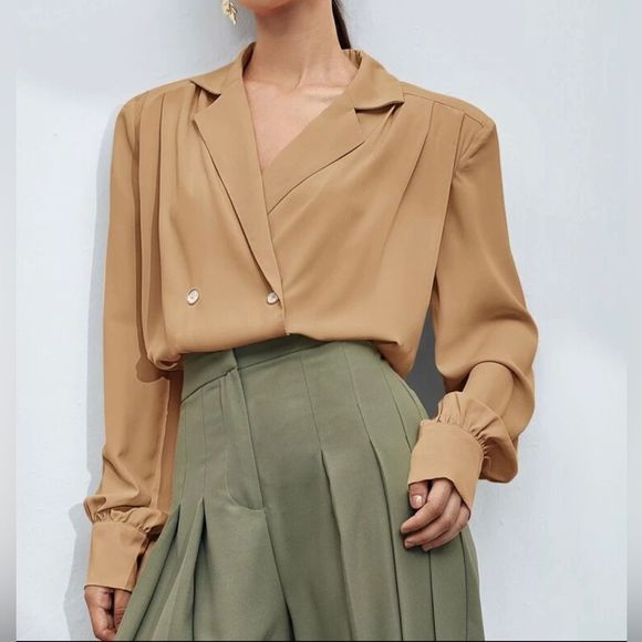 Shein BIZwear Notched Collar Bishop Beige/nude Sleeve Blouse Medium NEW - Picture 2 of 4